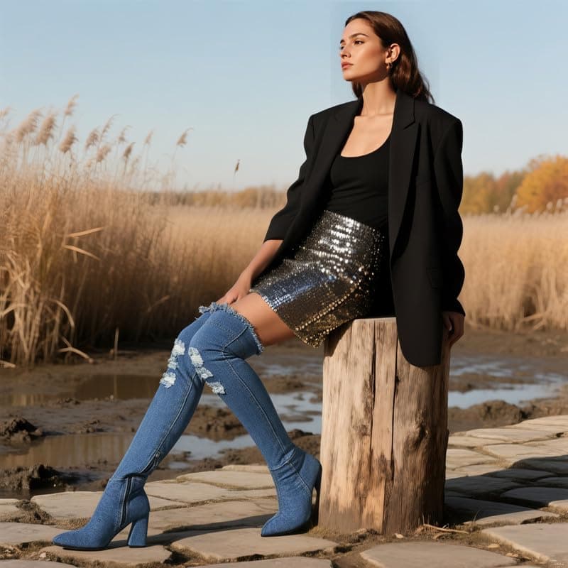 MAVMAX Women's Denim Thigh High Pointy Toe Block High Heel Over The Knee Boots US 6, light blue thumbnail 3
