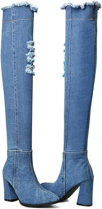 MAVMAX Women's Denim Thigh High Pointy Toe Block High Heel Over The Knee Boots US 6, light blue thumbnail 5