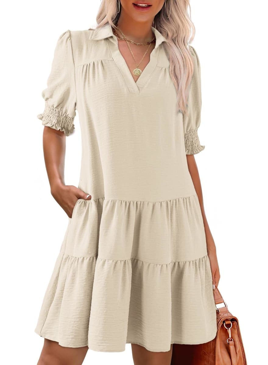 Dokotoo Beige Small Casual A-line with V-Neck Midi Dress for Women, Adult Women, Summer thumbnail 2