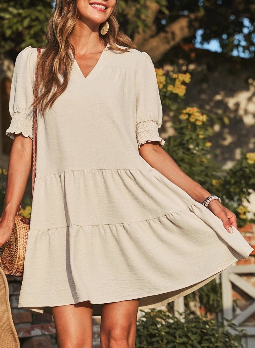Dokotoo Beige Small Casual A-line with V-Neck Midi Dress for Women, Adult Women, Summer thumbnail 3