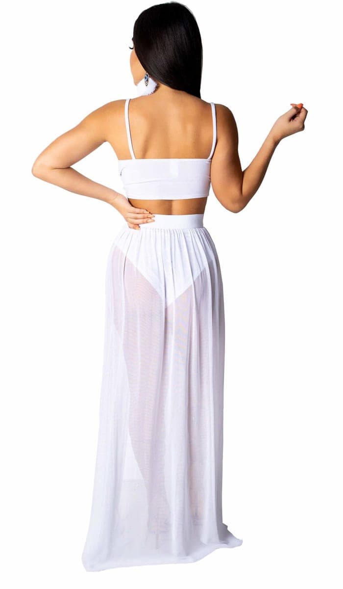 Women Sexy 2 Piece Outfits Dress Chiffon Strap Deep V Neck Bra Crop Top High Split Maxi Dresses Skirt Set, White, Small thumbnail 2