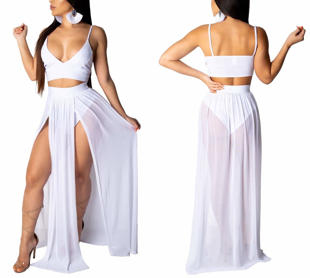 Women Sexy 2 Piece Outfits Dress Chiffon Strap Deep V Neck Bra Crop Top High Split Maxi Dresses Skirt Set, White, Small thumbnail 3