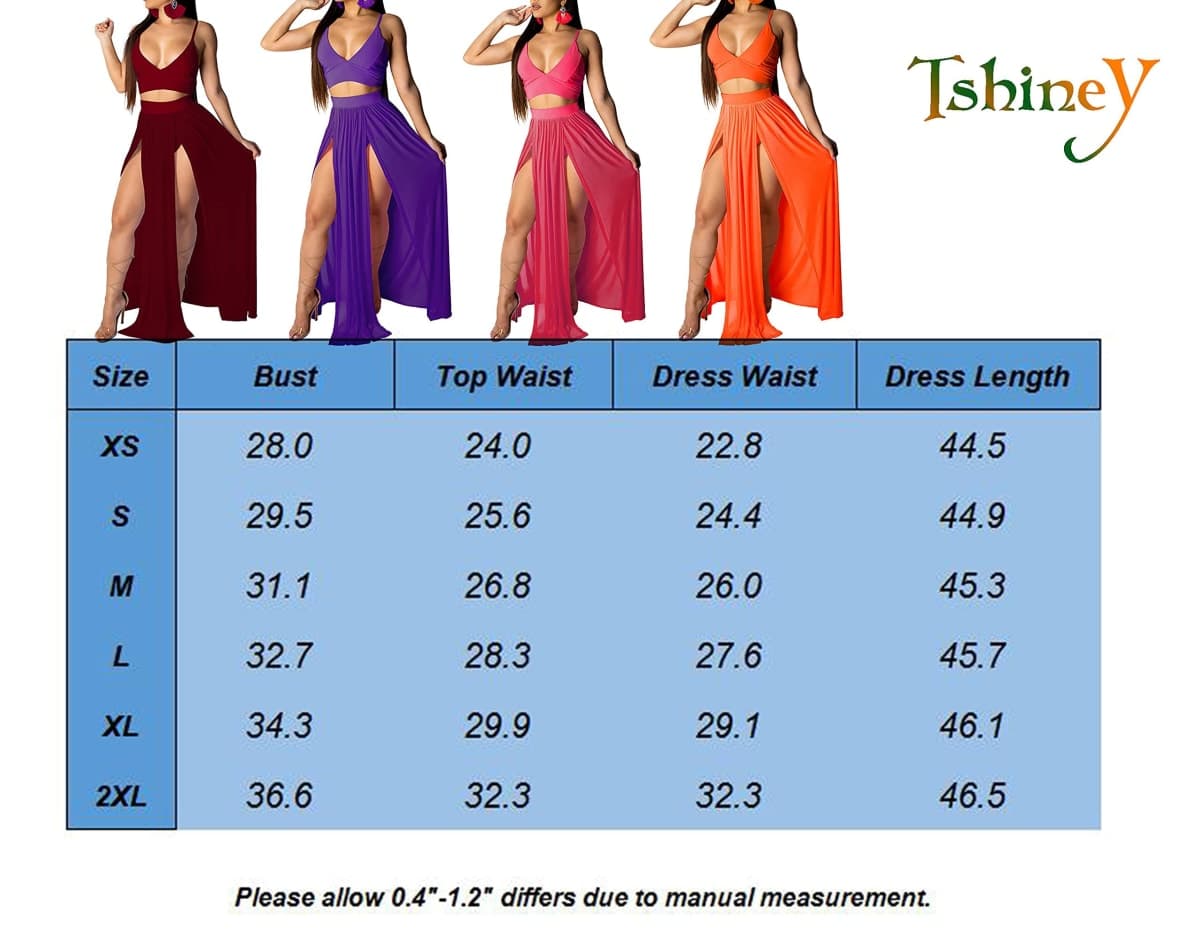 Women Sexy 2 Piece Outfits Dress Chiffon Strap Deep V Neck Bra Crop Top High Split Maxi Dresses Skirt Set, White, Small thumbnail 4