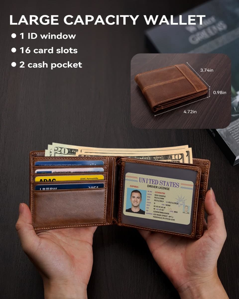 Swallowmall Wallet for Mens RFID Blocking Genuine Leather Bifold Wallets with 1 ID Window 15 Cards Holder Slots Brown thumbnail 3