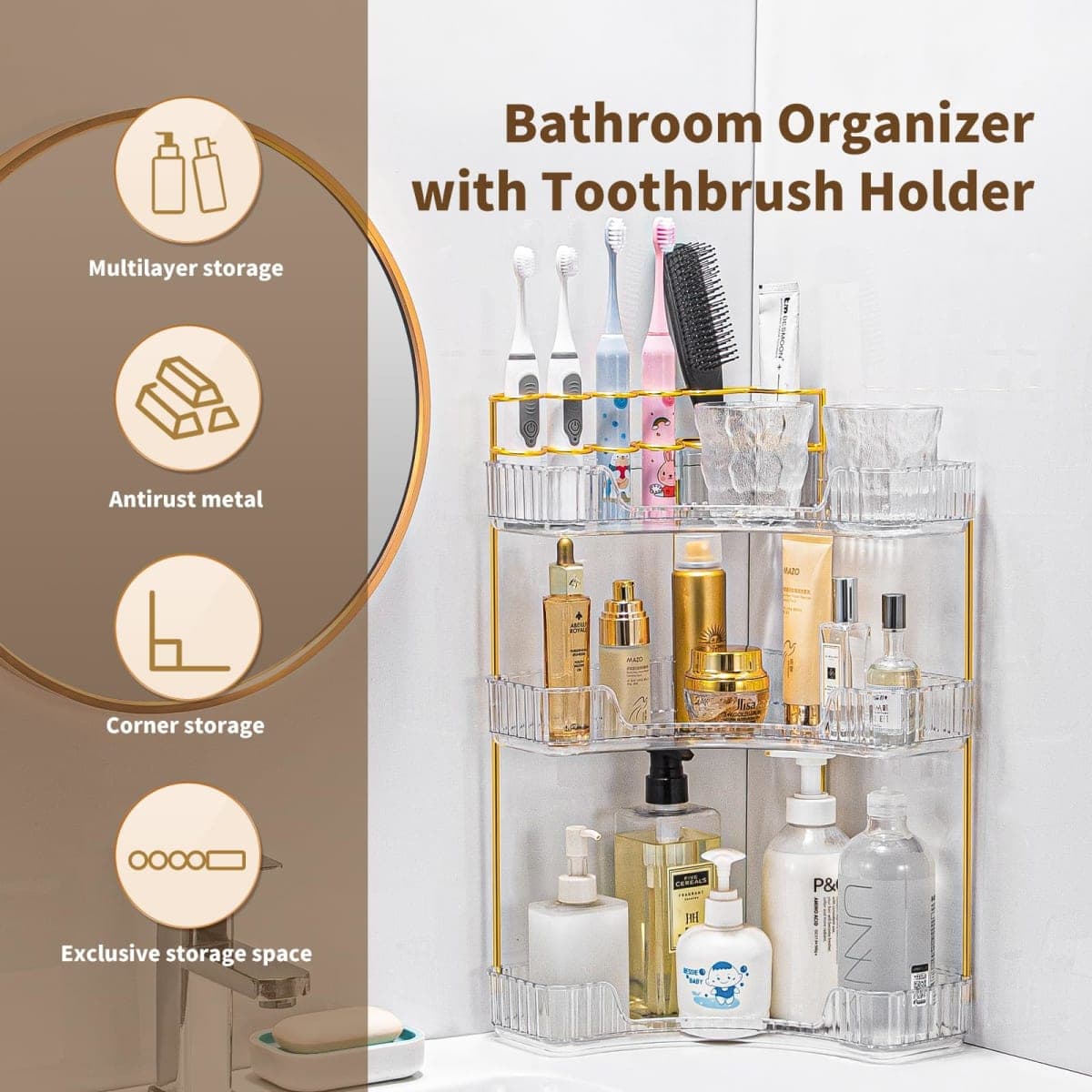 Makeup Organizer 3 Tier Bathroom Counter Organizer with Makeup Brush Holder thumbnail 5