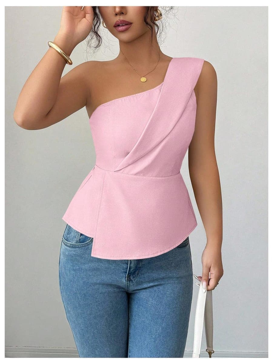 OYOANGLE Women's One Shoulder Elegant Ruffle Tank Tops, Dusty Pink, Small thumbnail 3