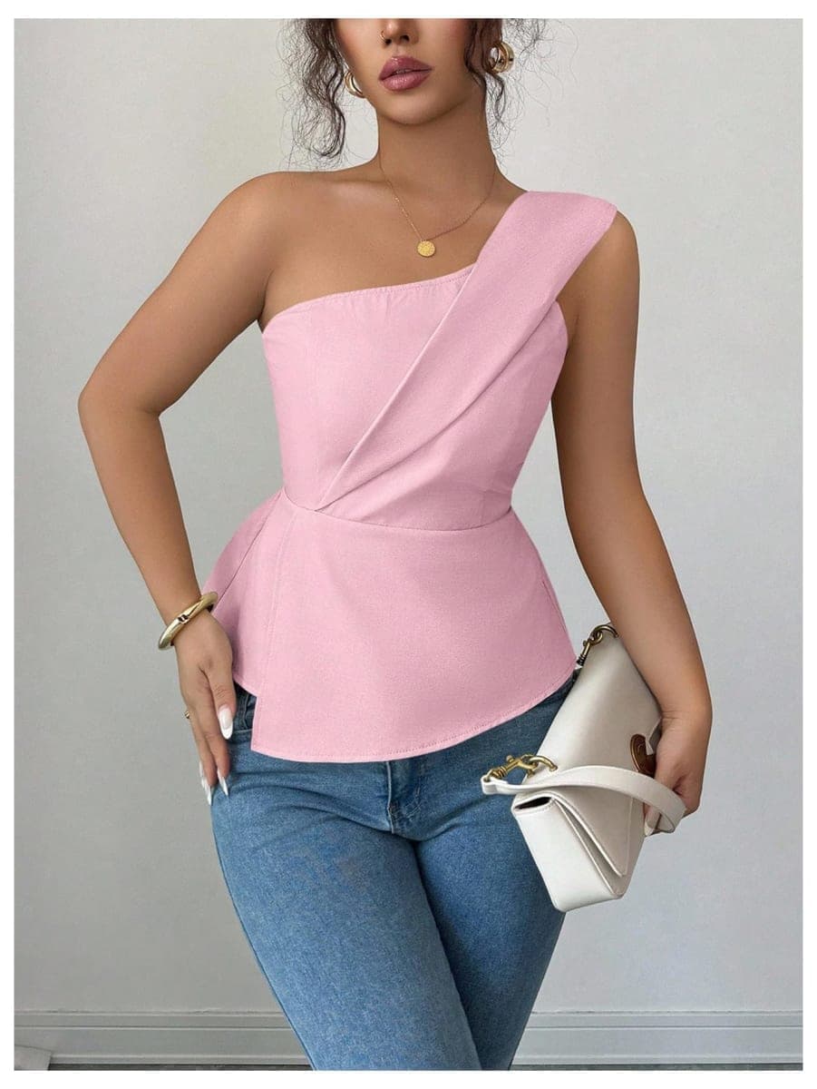 OYOANGLE Women's One Shoulder Elegant Ruffle Tank Tops, Dusty Pink, Small thumbnail 4