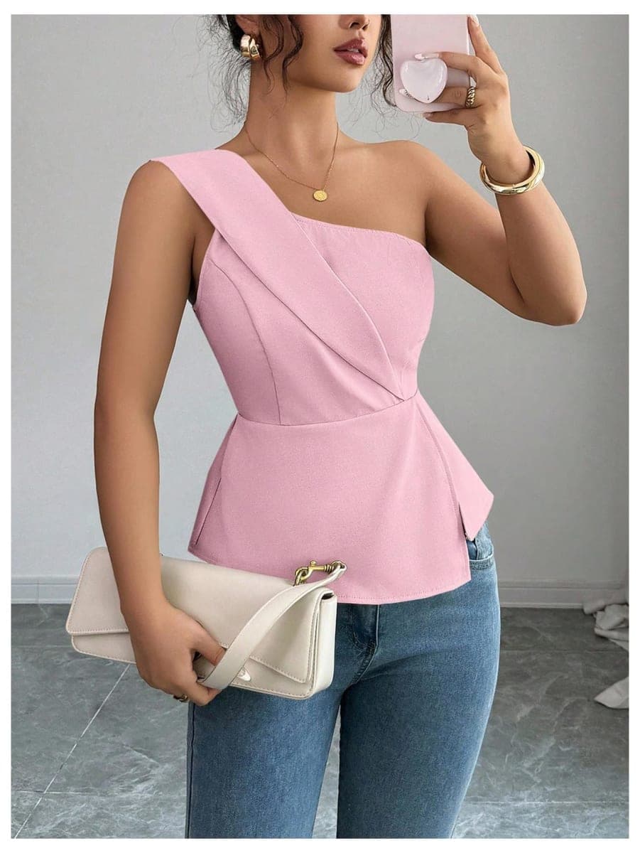 OYOANGLE Women's One Shoulder Elegant Ruffle Tank Tops, Dusty Pink, Small thumbnail 5