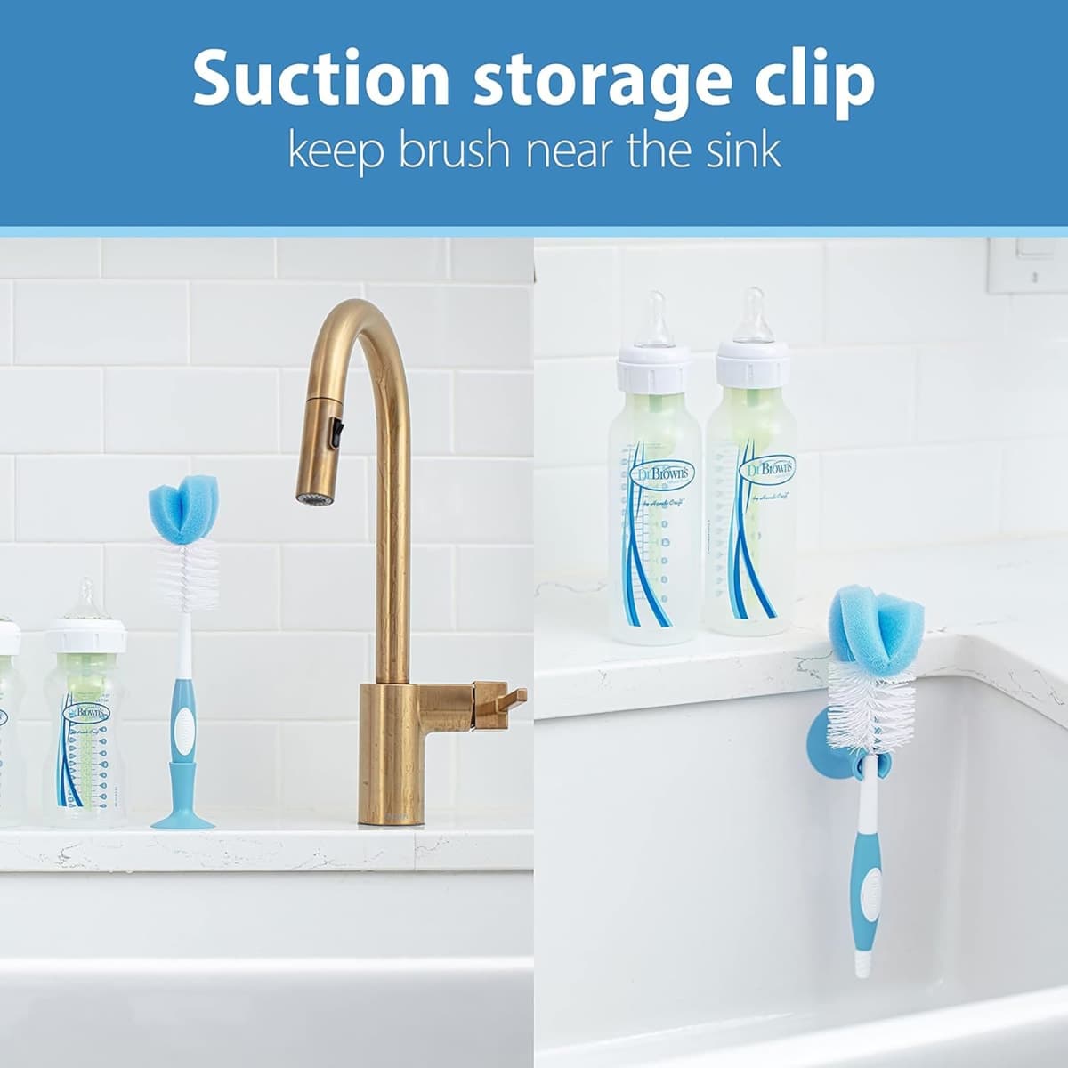 Dr. Brown’s Reusable Sponge Baby Bottle Cleaning Brush Set with Suction Cup Stand, Scrubber and Nipple Cleaner, Blue 3-Pack thumbnail 5