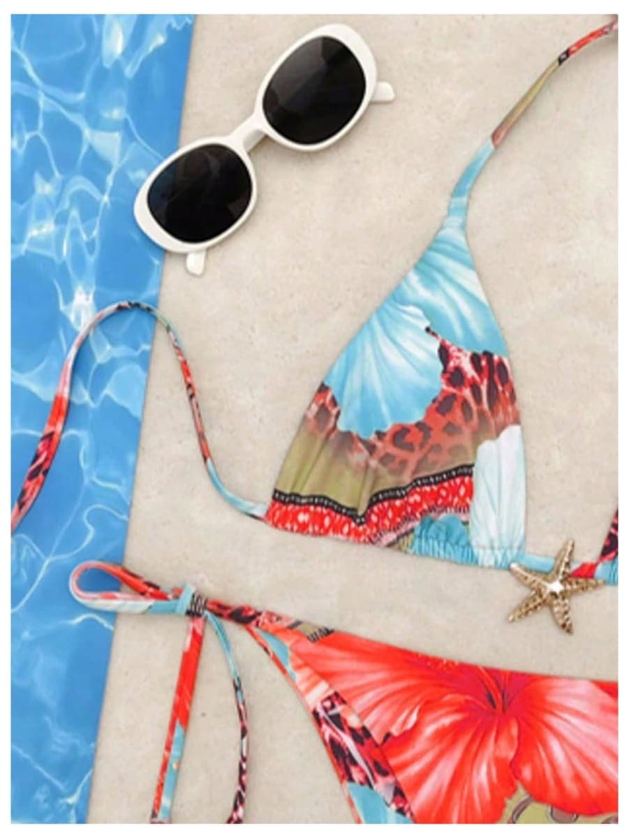 RoseSeek Women's Leopard Floral String Starfish Metal Swimsuits, Blue Red, Medium thumbnail 2