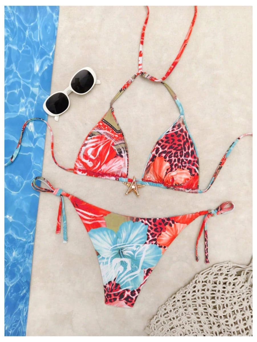 RoseSeek Women's Leopard Floral String Starfish Metal Swimsuits, Blue Red, Medium thumbnail 3