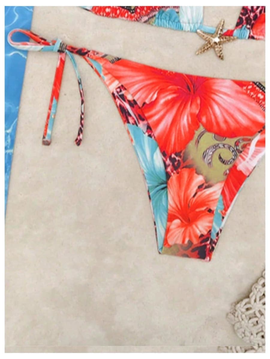 RoseSeek Women's Leopard Floral String Starfish Metal Swimsuits, Blue Red, Medium thumbnail 4