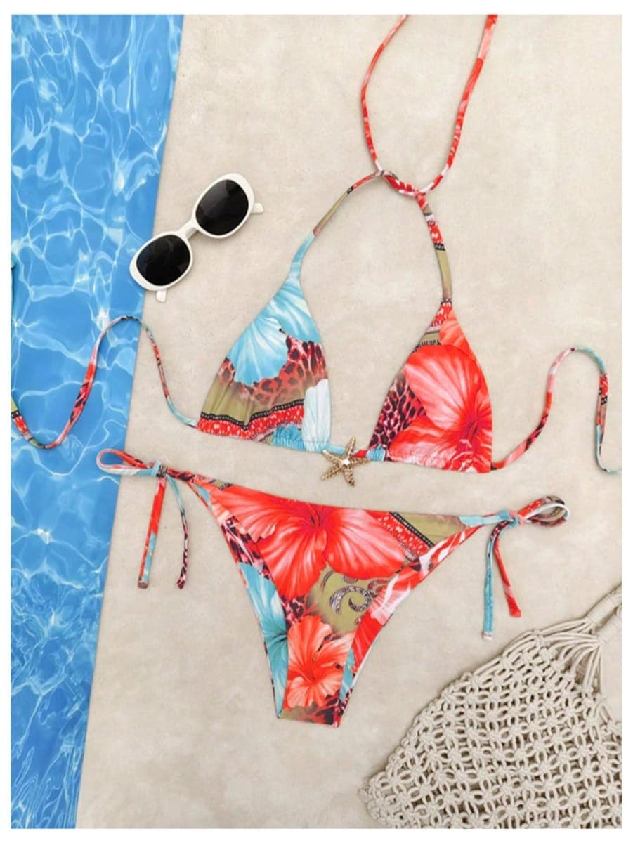 RoseSeek Women's Leopard Floral String Starfish Metal Swimsuits, Blue Red, Medium thumbnail 5