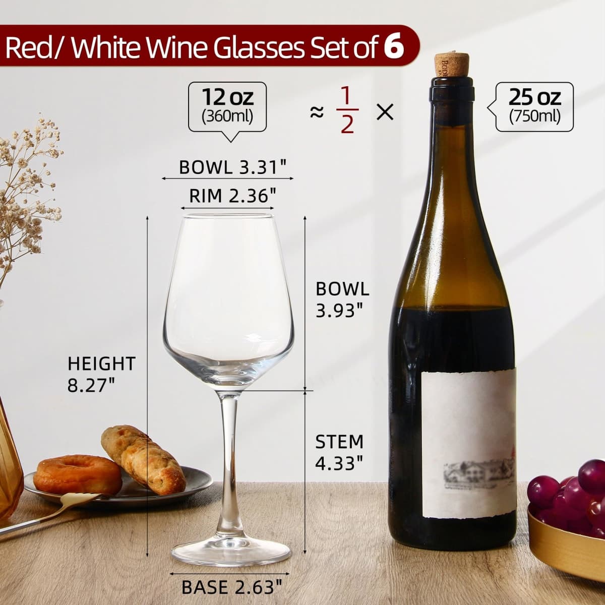 Wine Glasses Set of 12, 12oz Clear Red/White Wine Cup, Long Stem Wine Glasses for Party, Wedding and Home thumbnail 2