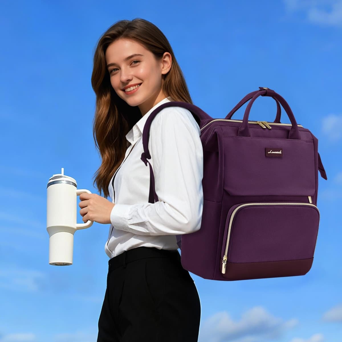 LOVEVOOK Laptop Backpack for Women with Giant Tumbler Holder Pocket for Travel Work Nurse Teacher, Deep Purple, 15.6 inch, Laptop Backpack for Women thumbnail 2