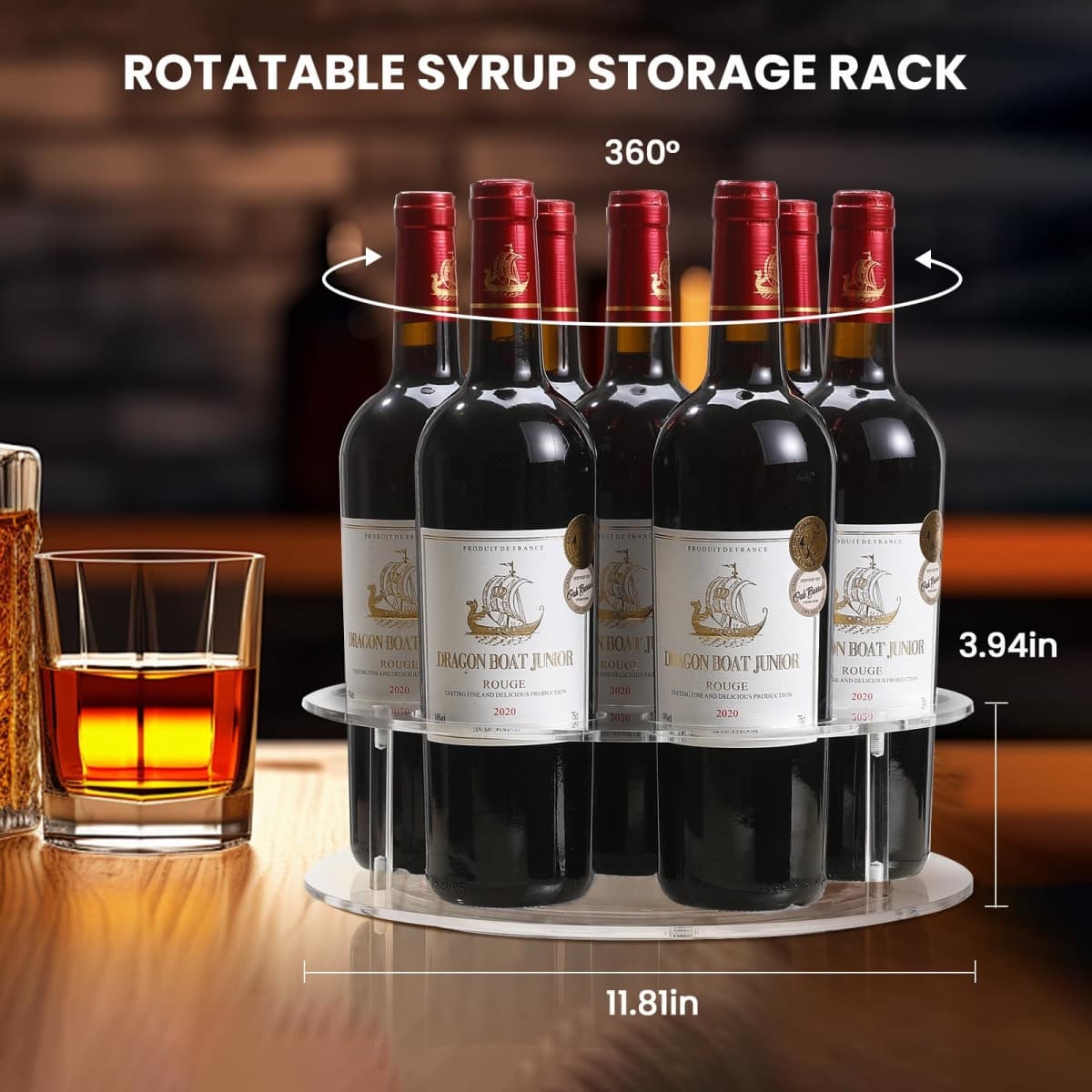 IEEK Large Rotating Coffee Syrup Organizer 7 Bottles Clear Acrylic Coffee Syrup Rack for Countertop Syrup Bottle Holder Stand with Anti Slip Pad for Coffee Bar Station,Turntable Wine Display Tray thumbnail 5