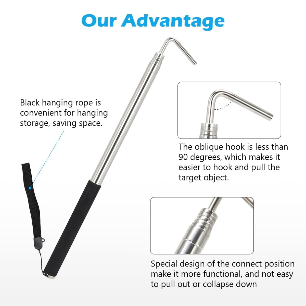 scottchen PRO RV Awning Rod Opener Easy Reach Telescopic Puller 13-3/4" to 44-3/4" Stainless Steel Silver & Black - 1pack thumbnail 5