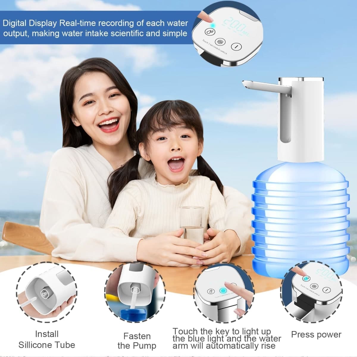 Desktop Water Dispenser with Base, Electric Folding Water Pump with USB Charging, Desktop Water Pump for Universal 2-5 Gallons, Touch Screen and Low Noise (Autofolding, White - Silver) thumbnail 4