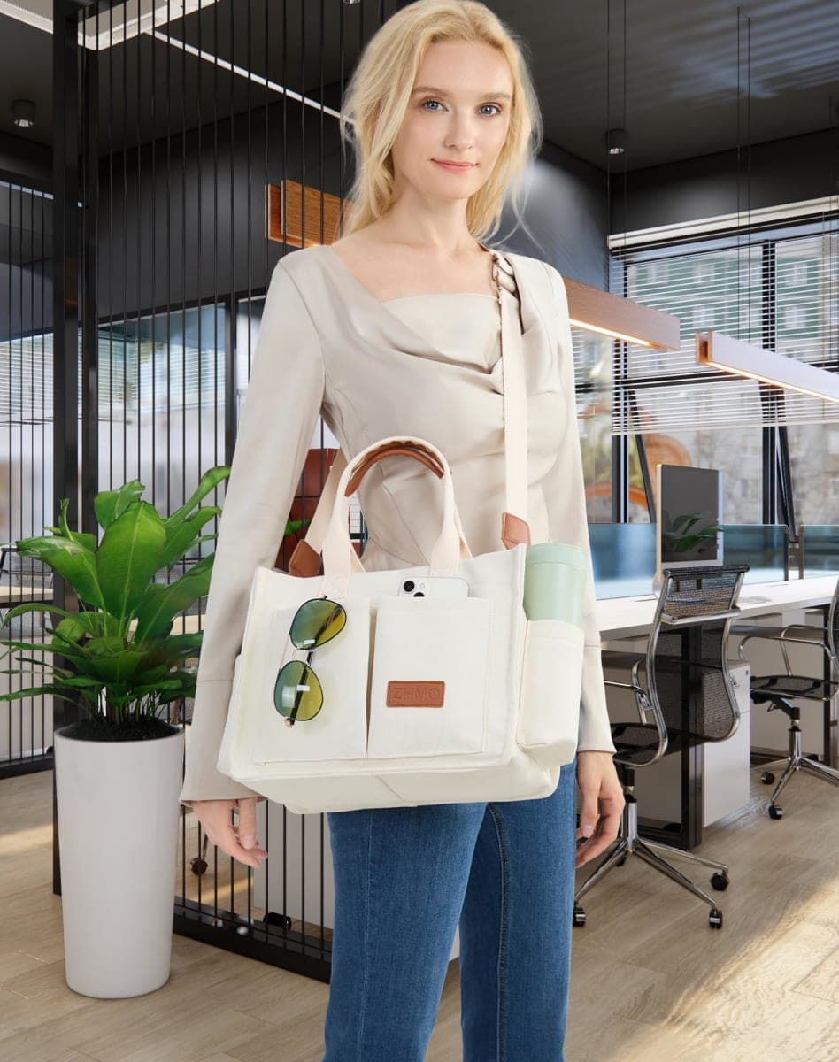 ZHMO Canvas Tote Bag for Women With Compartments and Zipper,White Women's Bags Crossbody Bags Work Laptop Tote Bag Large Satchels Handbag Tote Purse Everyday Shoulder Bag for Travel Nurse Teacher Gift thumbnail 2