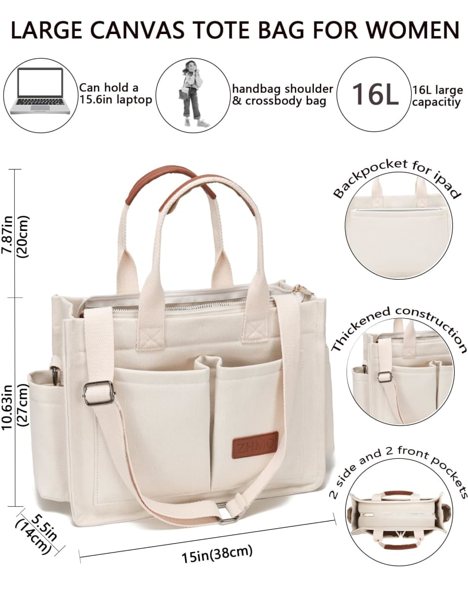 ZHMO Canvas Tote Bag for Women With Compartments and Zipper,White Women's Bags Crossbody Bags Work Laptop Tote Bag Large Satchels Handbag Tote Purse Everyday Shoulder Bag for Travel Nurse Teacher Gift thumbnail 3