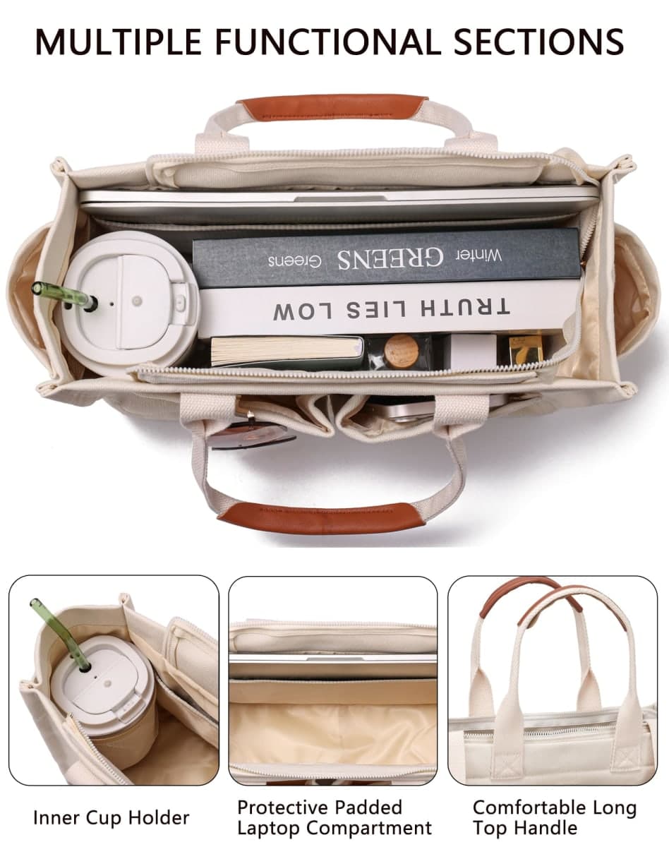 ZHMO Canvas Tote Bag for Women With Compartments and Zipper,White Women's Bags Crossbody Bags Work Laptop Tote Bag Large Satchels Handbag Tote Purse Everyday Shoulder Bag for Travel Nurse Teacher Gift thumbnail 4