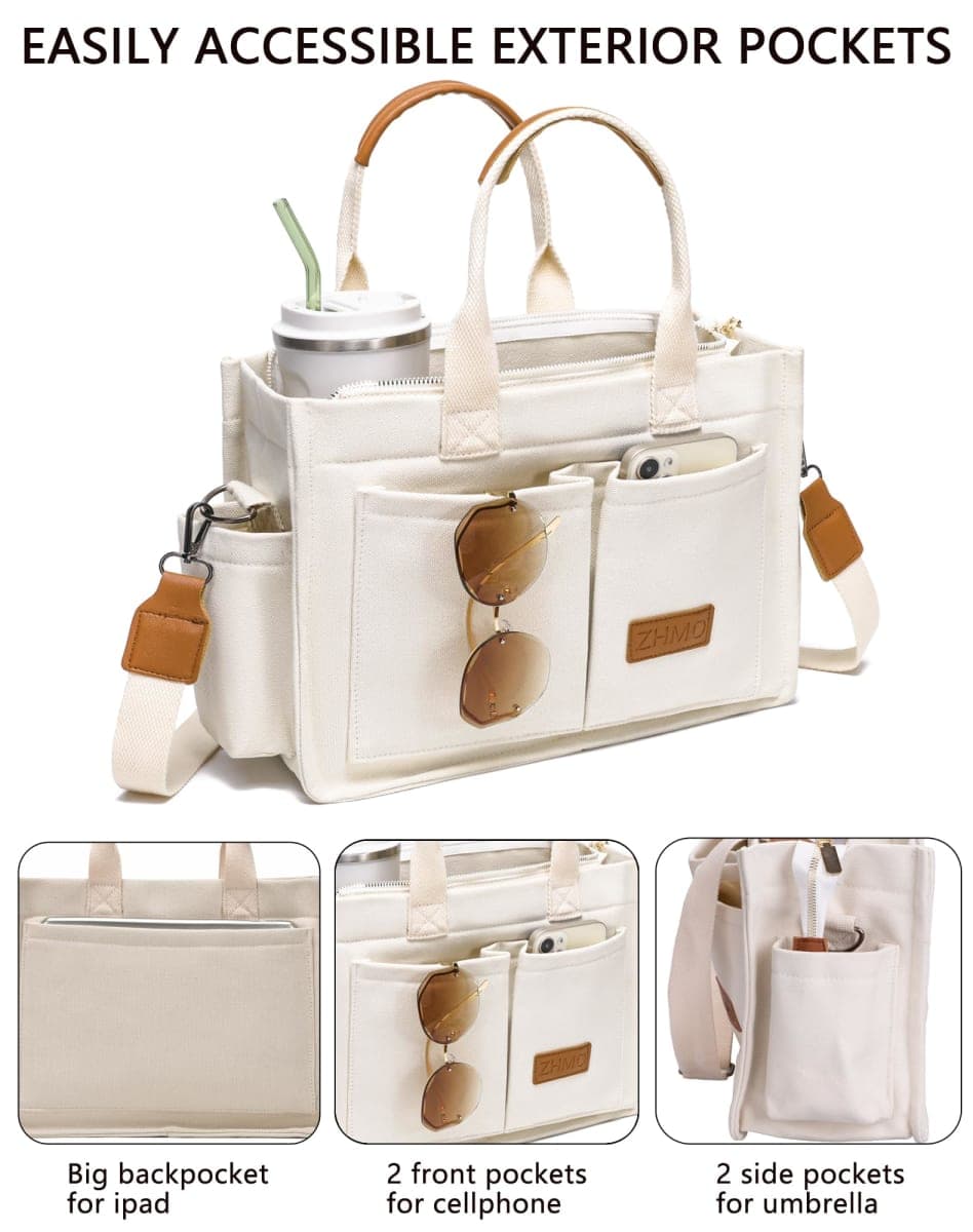 ZHMO Canvas Tote Bag for Women With Compartments and Zipper,White Women's Bags Crossbody Bags Work Laptop Tote Bag Large Satchels Handbag Tote Purse Everyday Shoulder Bag for Travel Nurse Teacher Gift thumbnail 5