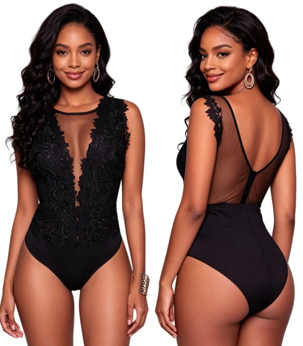 RARITYUS Women Sexy Lace Bodysuit Jumpsuit See Through Mesh Sleeveless/Long Sleeve Tops Swimsuit for Party Outfit, A Black Backless, X-Small thumbnail 2