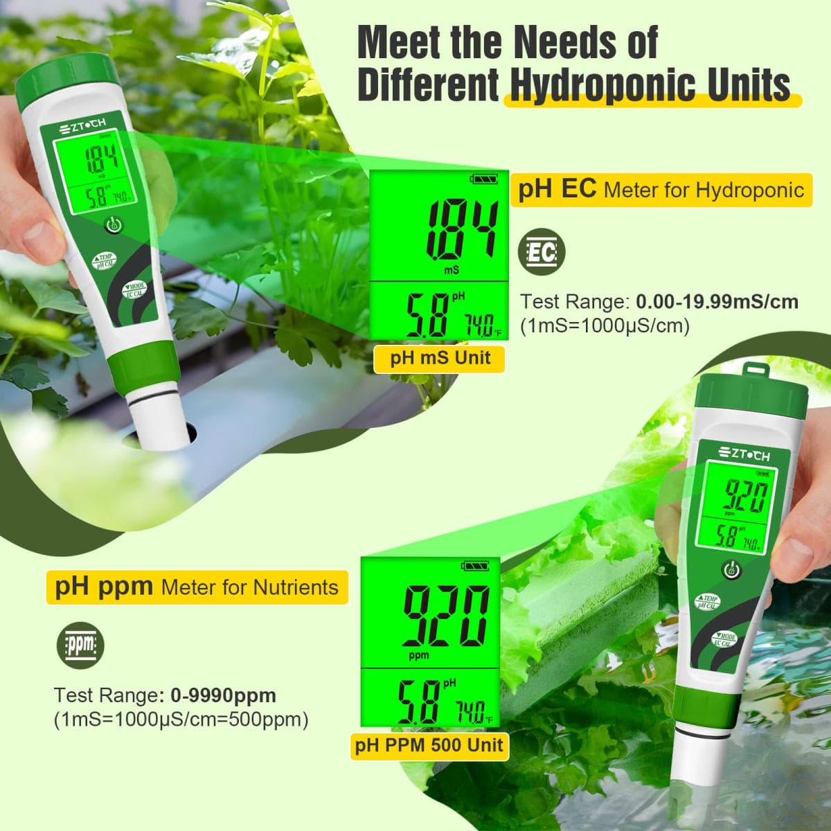 EZTOCH pH EC Meter for Hydroponic, pH EC PPM Meter with Simultaneous Display for Reservoir Nutrient Solution, pH TDS Meter for Water Hydroponic DWC System Setup, Measure Conductivity for Aquaponics thumbnail 2