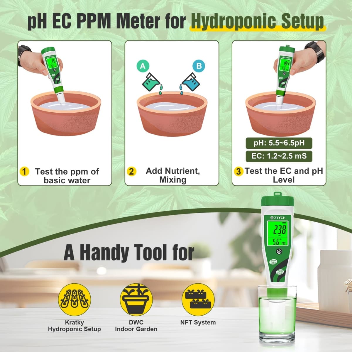 EZTOCH pH EC Meter for Hydroponic, pH EC PPM Meter with Simultaneous Display for Reservoir Nutrient Solution, pH TDS Meter for Water Hydroponic DWC System Setup, Measure Conductivity for Aquaponics thumbnail 3