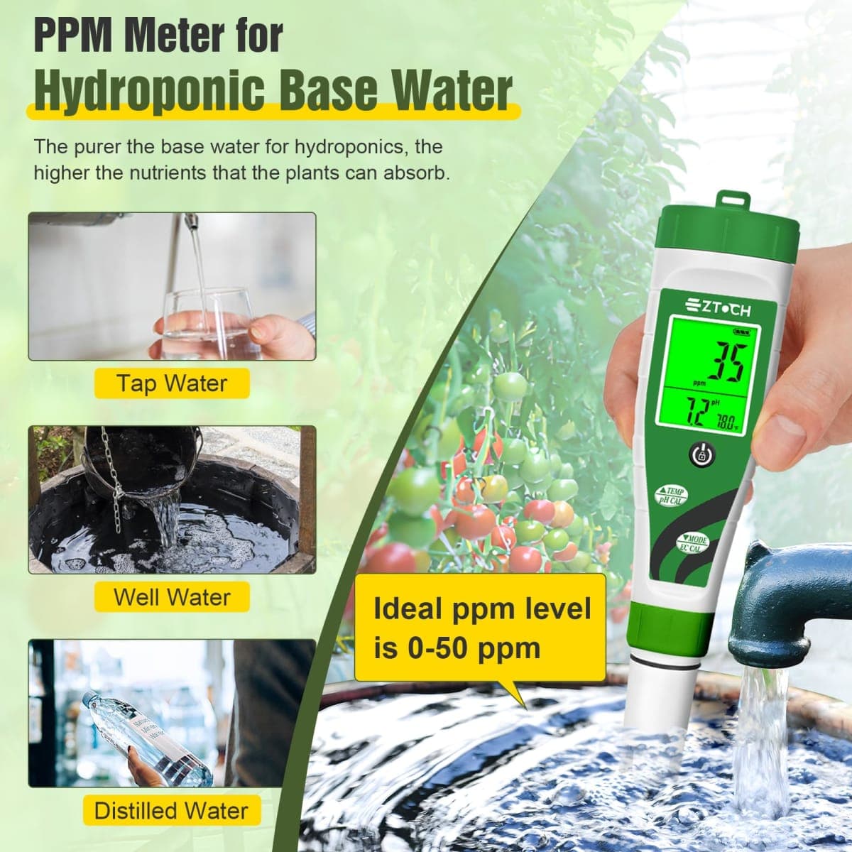 EZTOCH pH EC Meter for Hydroponic, pH EC PPM Meter with Simultaneous Display for Reservoir Nutrient Solution, pH TDS Meter for Water Hydroponic DWC System Setup, Measure Conductivity for Aquaponics thumbnail 4