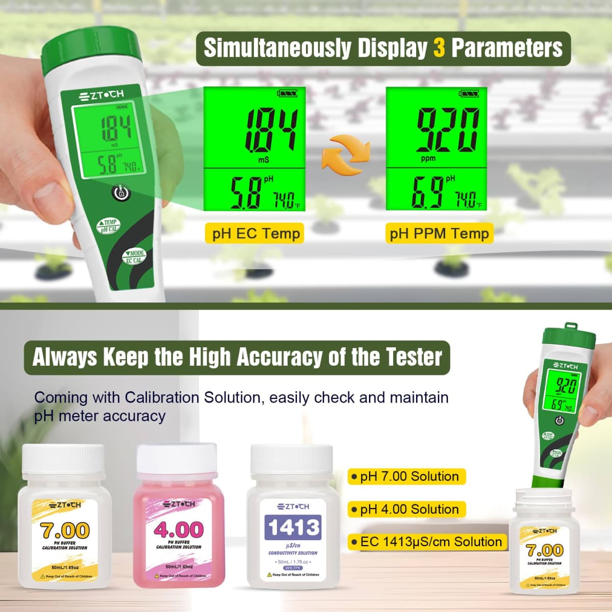 EZTOCH pH EC Meter for Hydroponic, pH EC PPM Meter with Simultaneous Display for Reservoir Nutrient Solution, pH TDS Meter for Water Hydroponic DWC System Setup, Measure Conductivity for Aquaponics thumbnail 5