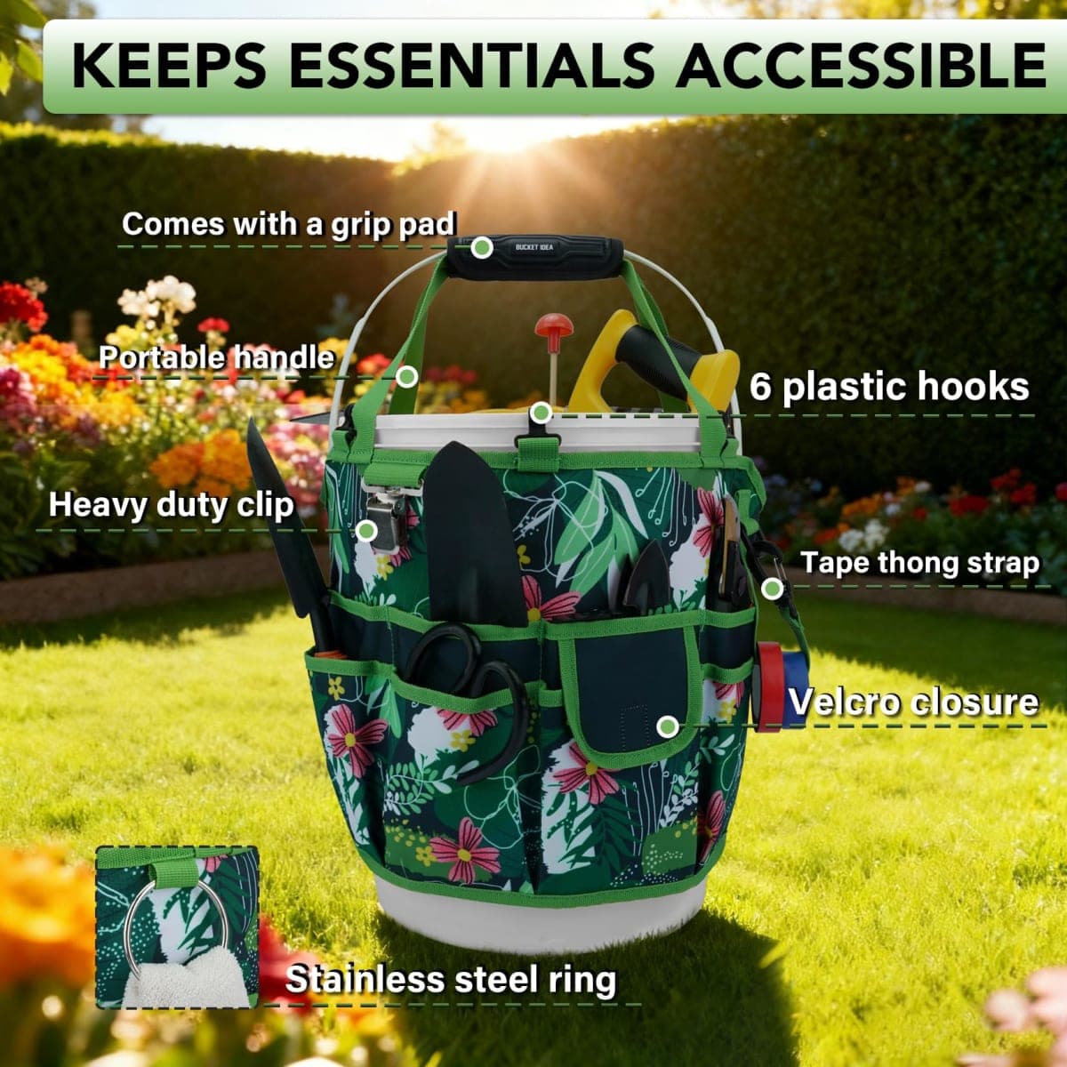 KUNN Bucket Tool Organizer 5 Gallon 18-Pocket Gardening Tool Bag with Hangable Handle | Garden Caddy & Bucket Accessory, Green thumbnail 3