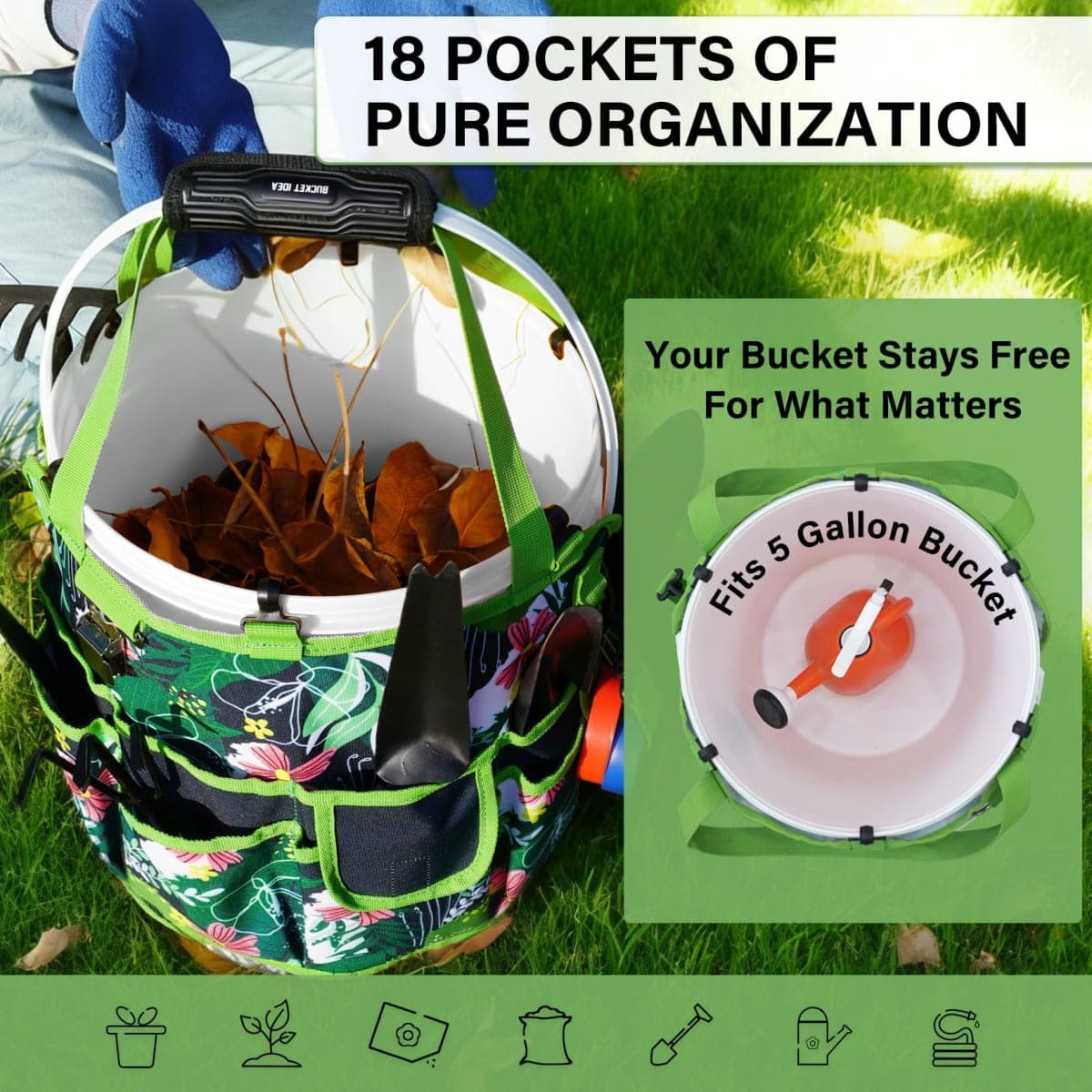 KUNN Bucket Tool Organizer 5 Gallon 18-Pocket Gardening Tool Bag with Hangable Handle | Garden Caddy & Bucket Accessory, Green thumbnail 4