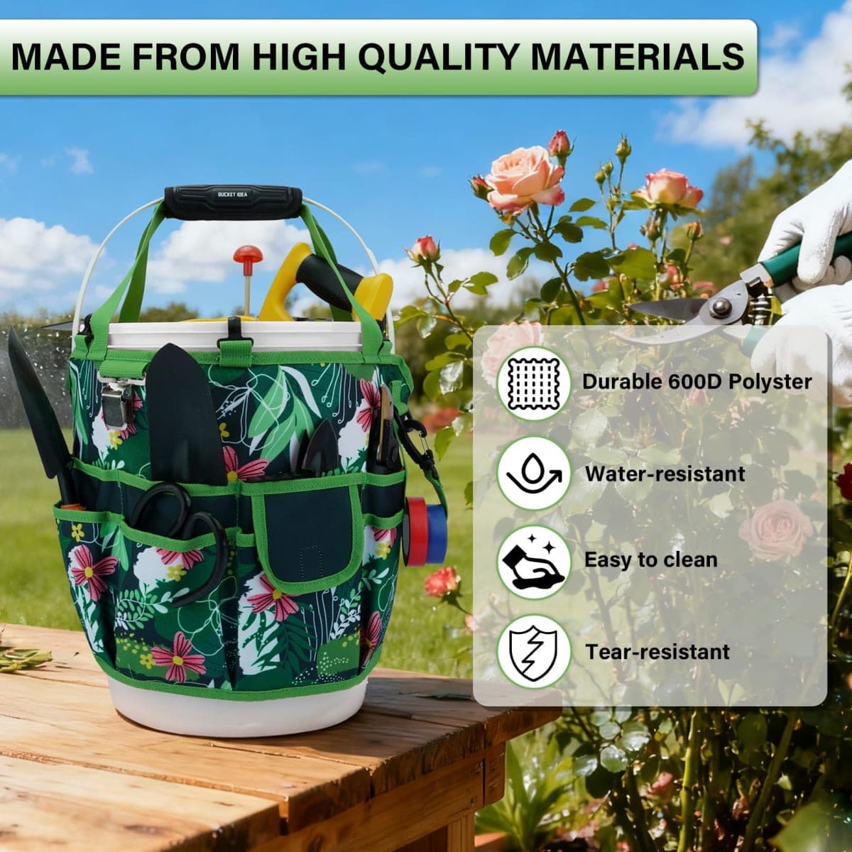KUNN Bucket Tool Organizer 5 Gallon 18-Pocket Gardening Tool Bag with Hangable Handle | Garden Caddy & Bucket Accessory, Green thumbnail 5