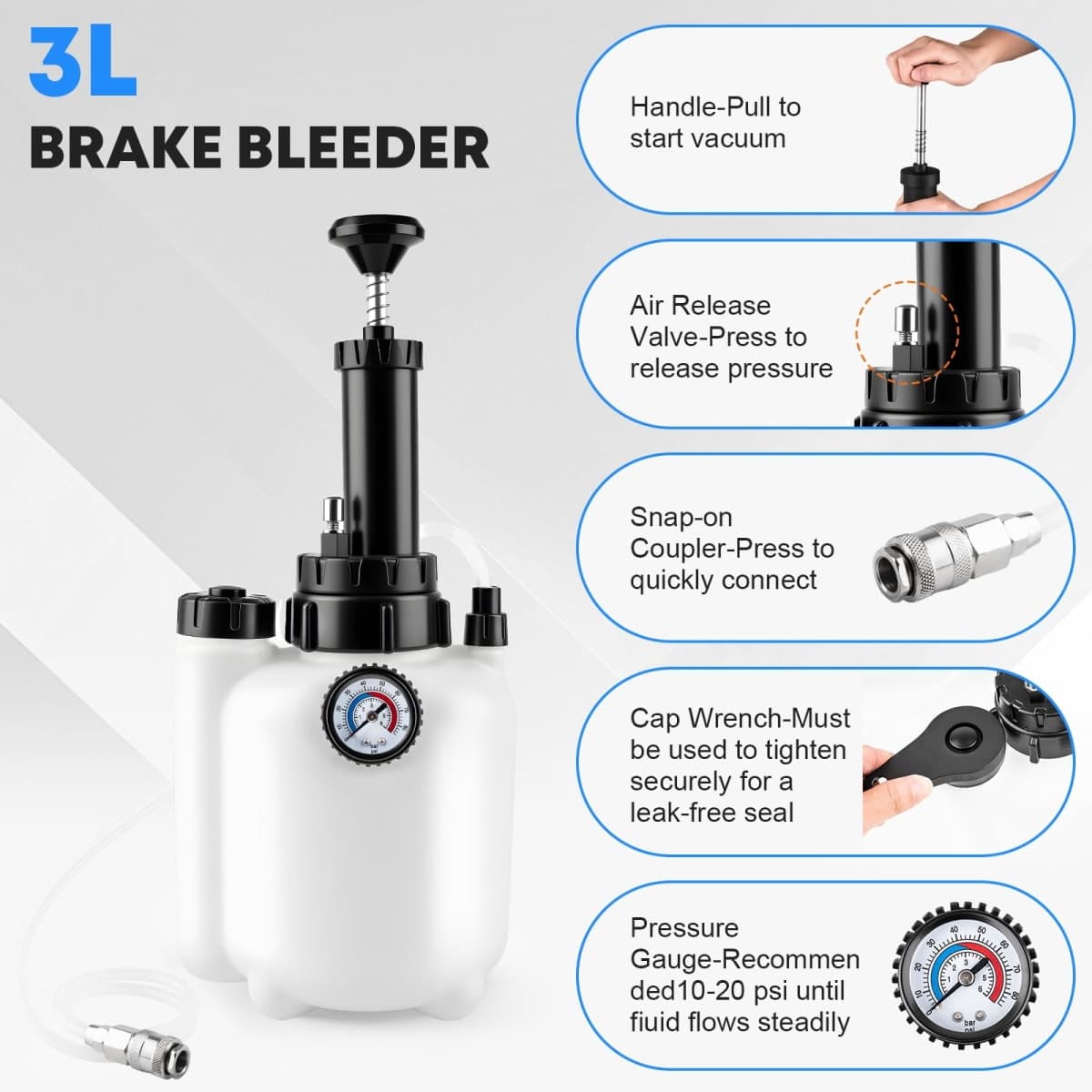 Cupbunny 3L Brake Fluid Bleeder Kit w/ 1L Catch Bottle, Manual Power Bleeder Pump for Flush Brakes and Clutch Systems, Includes 43.5/45/49.5/50.7mm Master Cylinders Caps, Pressure Brake Bleeding Tool thumbnail 3