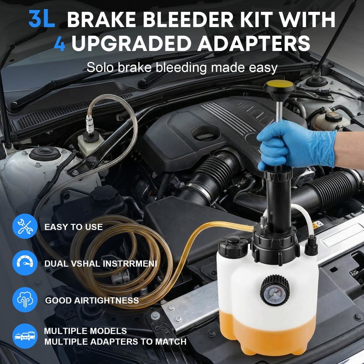 Cupbunny 3L Brake Fluid Bleeder Kit w/ 1L Catch Bottle, Manual Power Bleeder Pump for Flush Brakes and Clutch Systems, Includes 43.5/45/49.5/50.7mm Master Cylinders Caps, Pressure Brake Bleeding Tool thumbnail 5