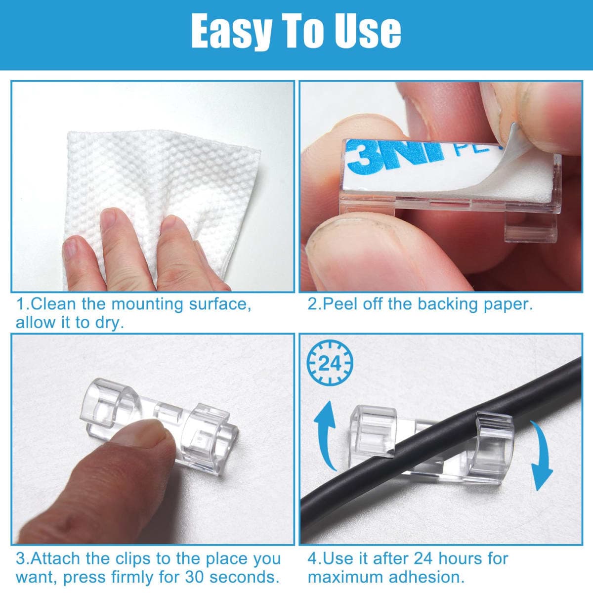 40PCS Adhesive Cable Clips Clear - Upgraded Wire Holders for Wall, Strong Cord Organizer Under Desk, Car, PC, Christmas Light Indoor/Outdoor thumbnail 5