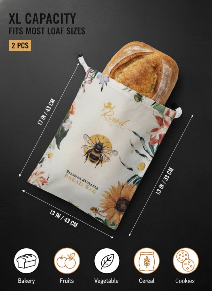 Reusable Beeswax Breads Bag | 2 Pack Organic Sourdough bread bags for homemade bread | Fridge and Freezer friendly Beeswax Lined cotton bag to keep your bread fresh and preserved | 2 XL bread Bags thumbnail 3