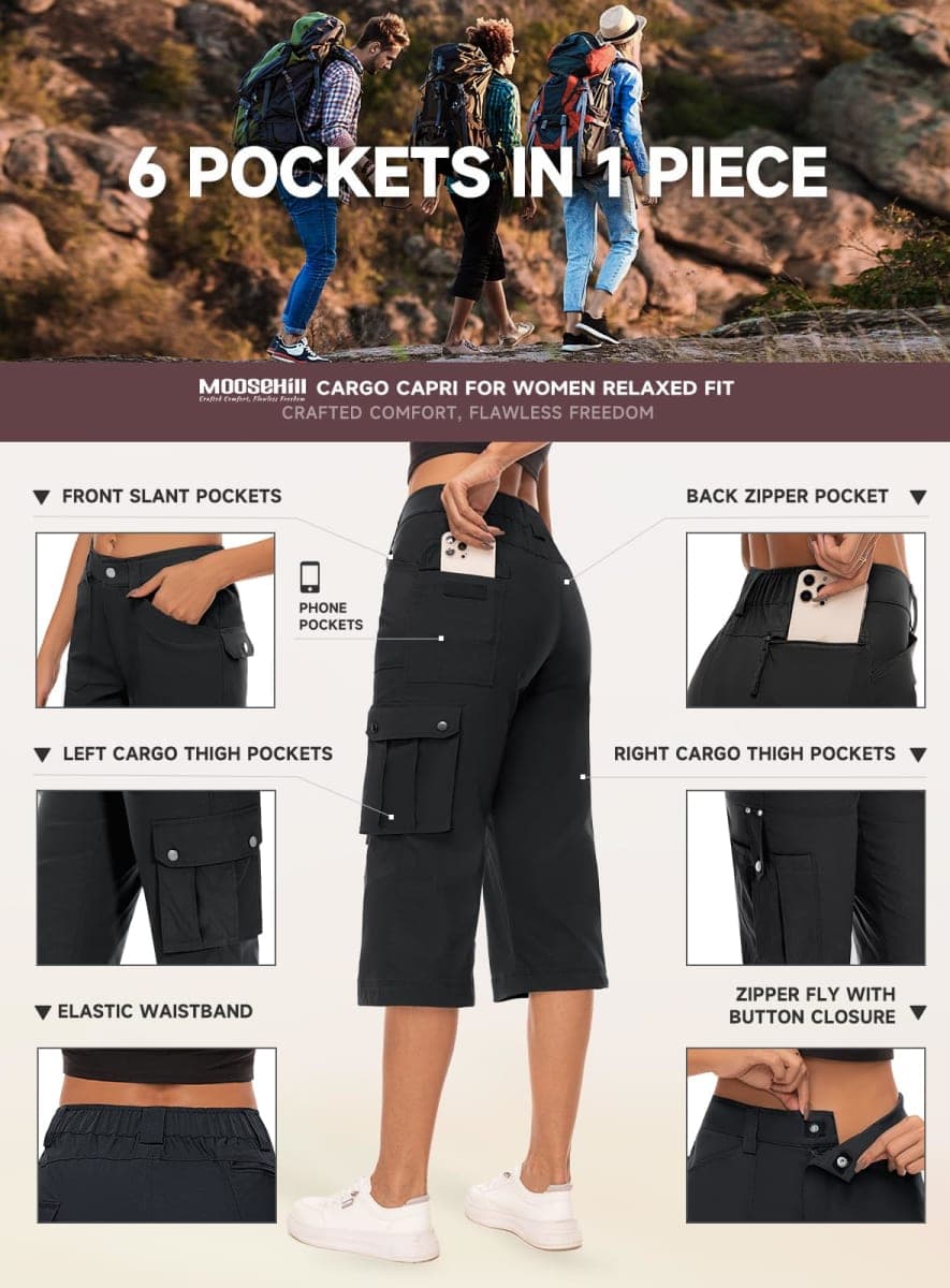 Moosehill Women's-Cargo-Capris-Pants High Waist Waterproof Hiking Casual Travel Summer Pants for Women with 6 Pockets (Black,X-Large) thumbnail 5