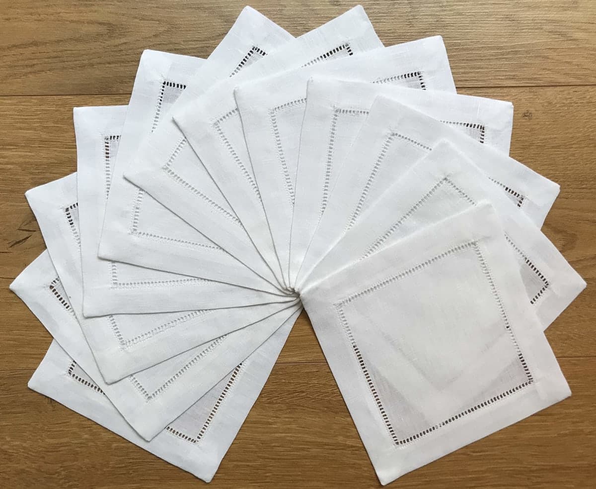 White Linen Cocktail Napkin-Set of 50 6"x6"-Linen Cloth Napkin Coasters-Ladder Hem Stitch-Super Value Bulk 50 Pack thumbnail 3