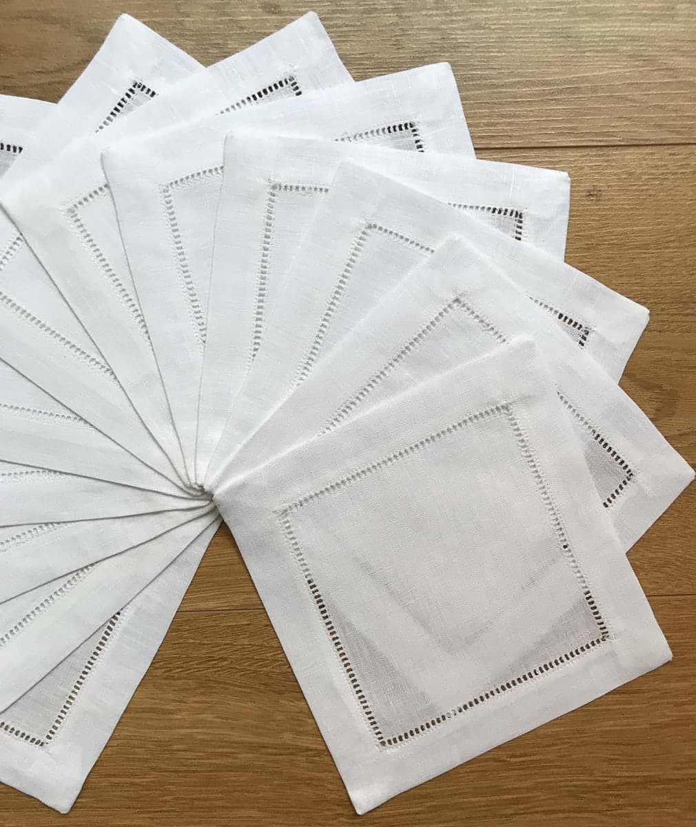 White Linen Cocktail Napkin-Set of 50 6"x6"-Linen Cloth Napkin Coasters-Ladder Hem Stitch-Super Value Bulk 50 Pack thumbnail 4