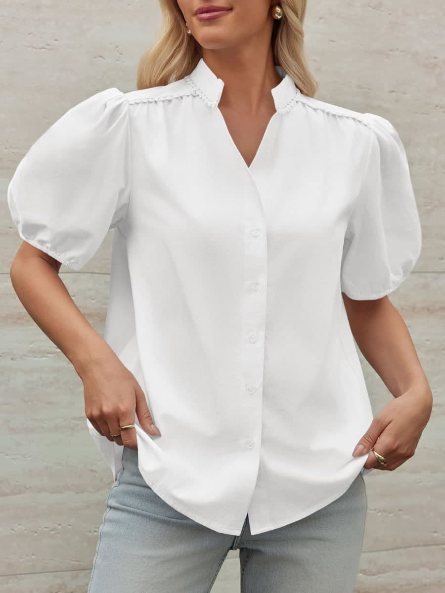 Tankaneo Womens Puff Sleeve Button Down Shirts Cotton Pleated Loose Fit Tops Summer Dressy Casual Blouses, White, X-Large thumbnail 2