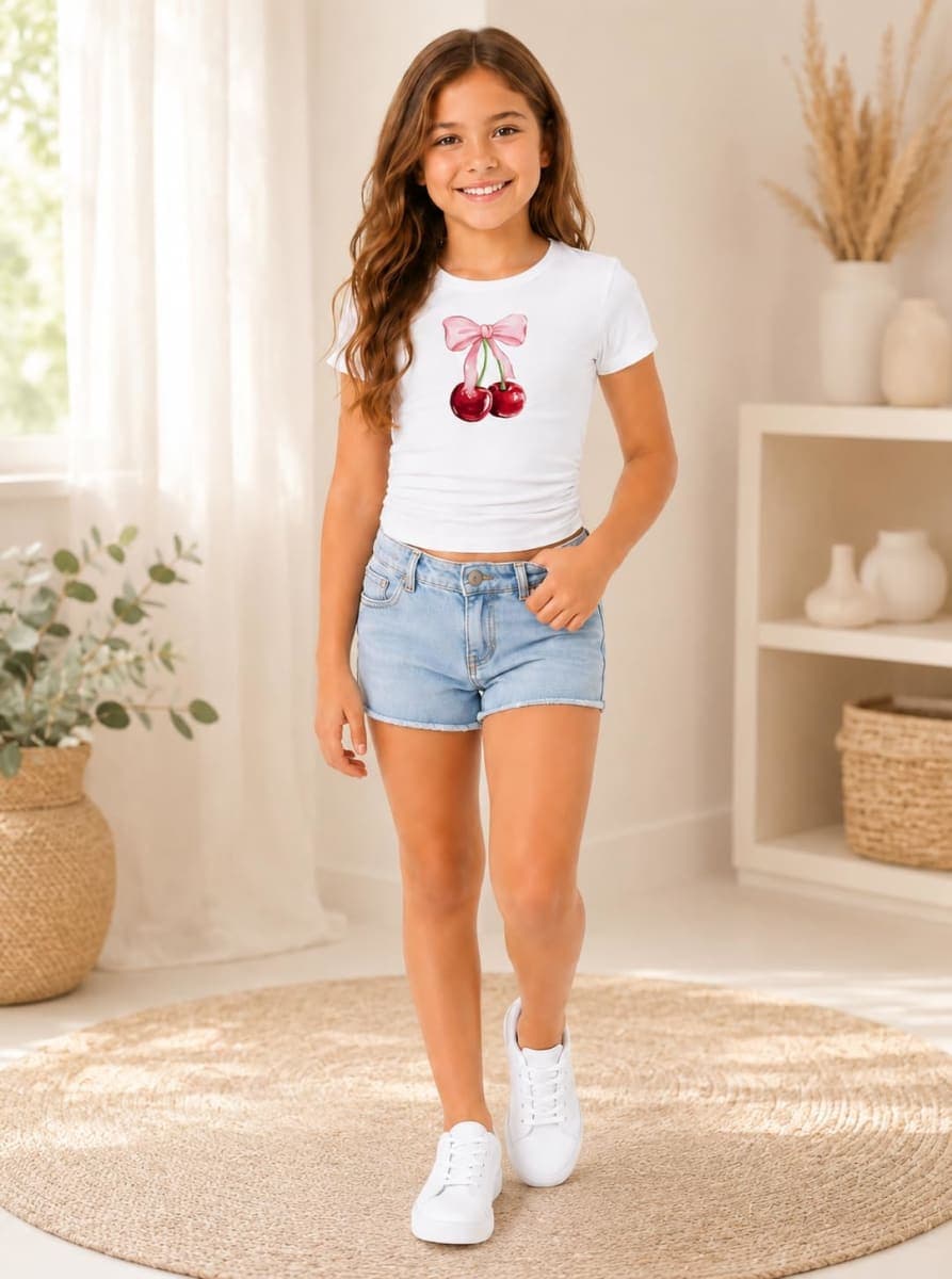 Ecolala Girls Crop Tops Short Sleeve Ruched Sides Slim Fit Bow Cheery Graphic Tees Cute Summer Shirts, White Leopard Bow, 7-8 Years thumbnail 2