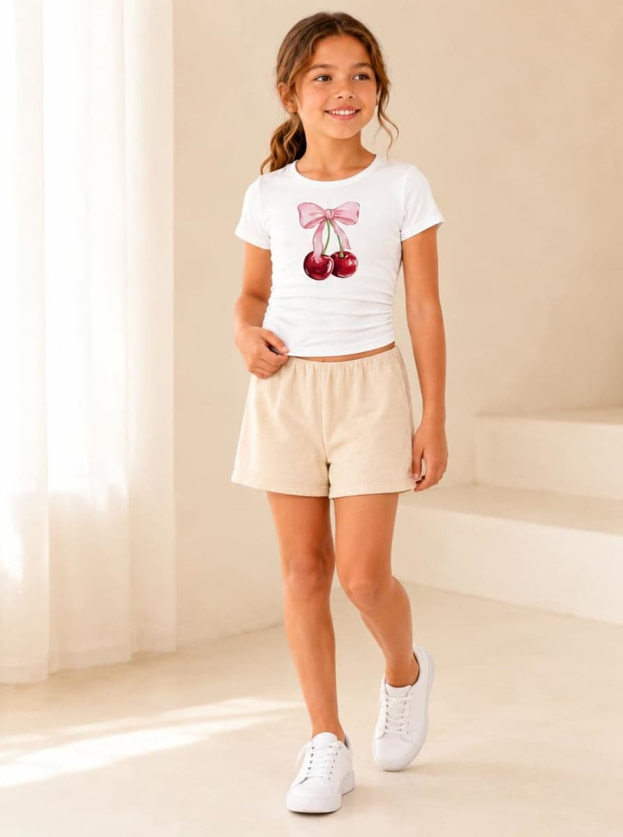 Ecolala Girls Crop Tops Short Sleeve Ruched Sides Slim Fit Bow Cheery Graphic Tees Cute Summer Shirts, White Leopard Bow, 7-8 Years thumbnail 3