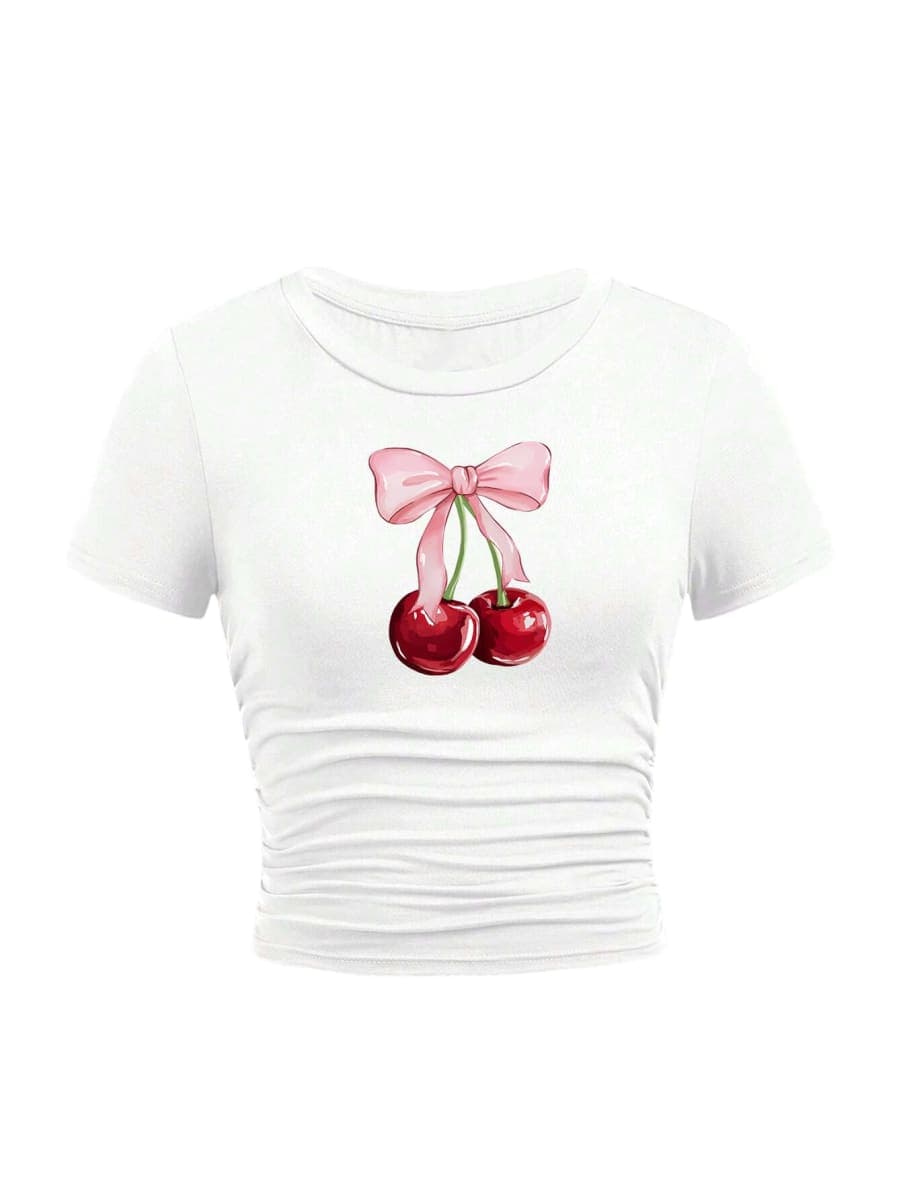 Ecolala Girls Crop Tops Short Sleeve Ruched Sides Slim Fit Bow Cheery Graphic Tees Cute Summer Shirts, White Leopard Bow, 7-8 Years thumbnail 5