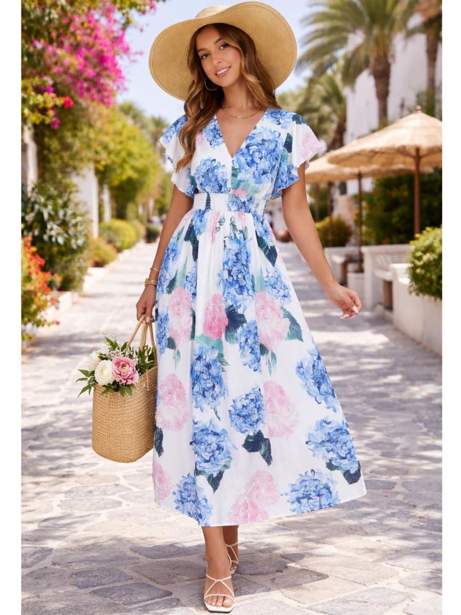 Flessibili Womens Summer Floral Maxi Dress Wedding Guest Party Long Dresses 2026, A#pink Blue Hydrangea, Large thumbnail 2