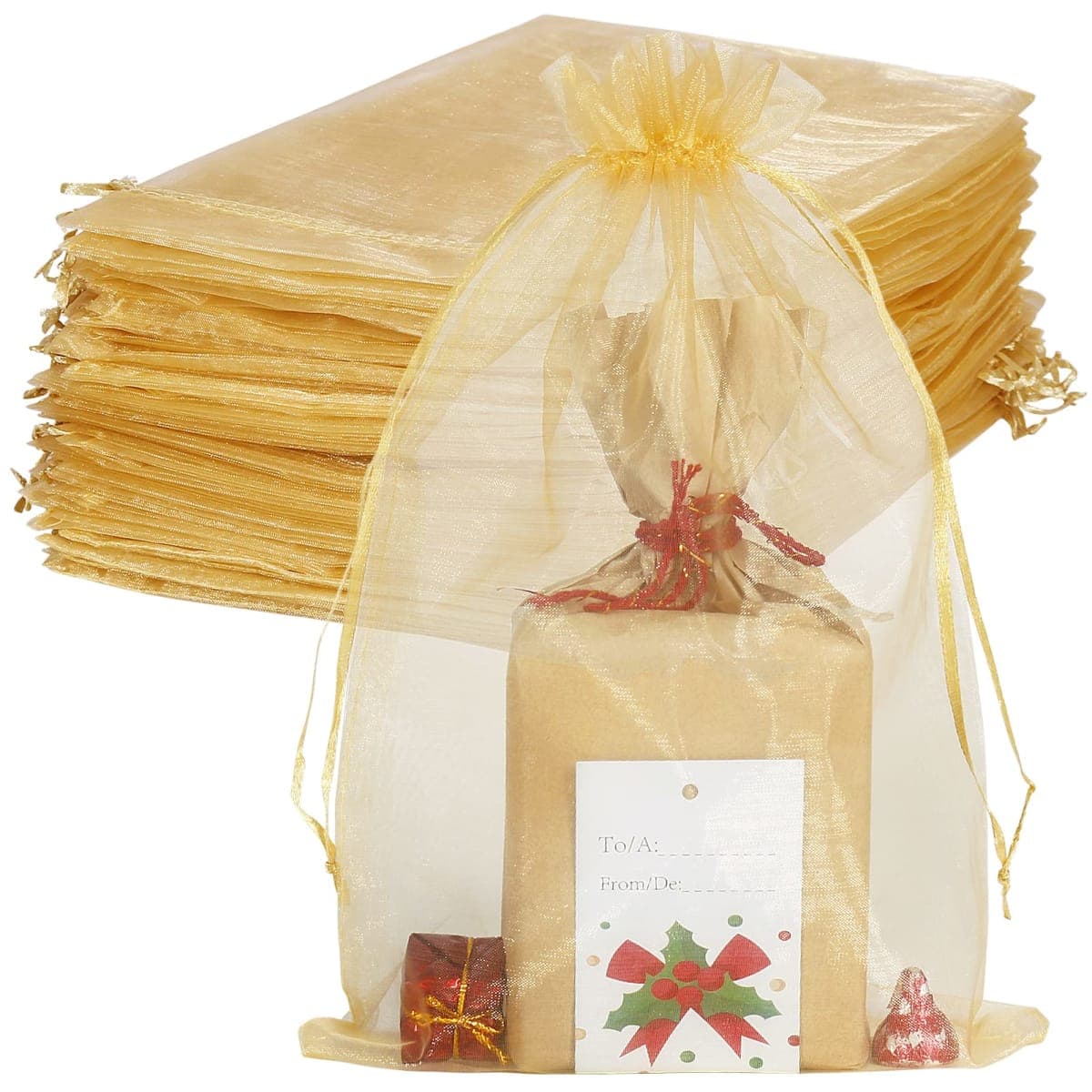 HRX Package 100pcs Large Organza Bags, 8x12 inch Gold Mesh Gift Drawstring Pouches Goodie Bags for Christmas Shower Party Favors Samples — image 1