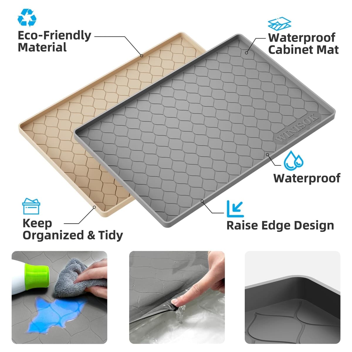 Winisok Waterproof Under Sink Mat 34" x 22", Silicone Mat, Beige thumbnail 2