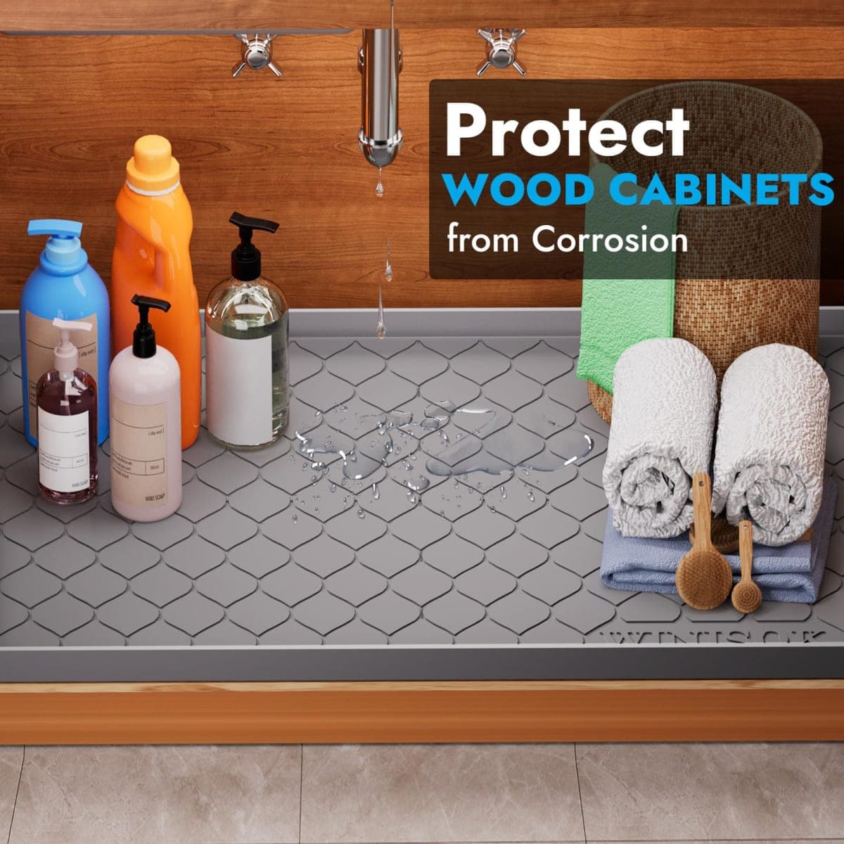 Winisok Waterproof Under Sink Mat 34" x 22", Silicone Mat, Beige thumbnail 3