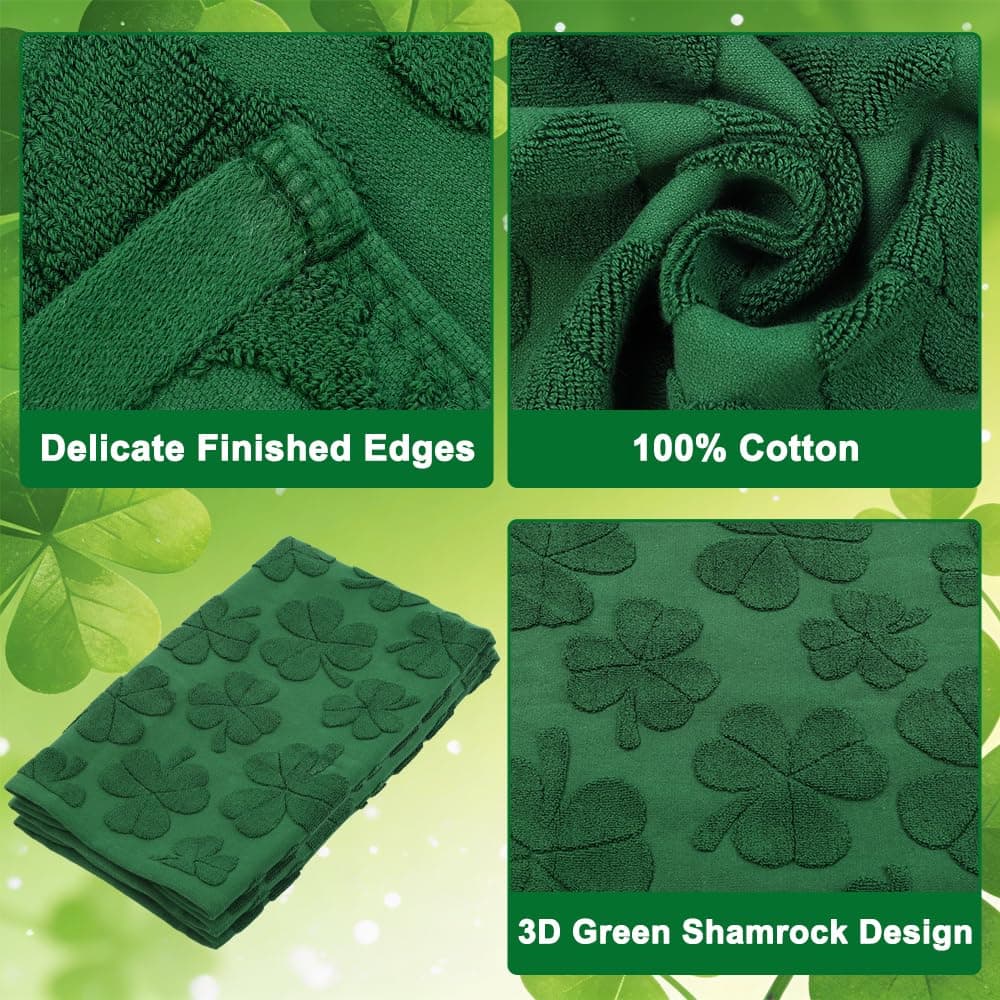 Heirloom Haven 2PCS St. Patrick's Day Hand Towels,Green Shamrock Bath Towels Set 100% Cotton Decorative Soft Absorbent for Holiday Decorative Cooking Cleaning Drying 13.7 x 29.5 Inch thumbnail 3